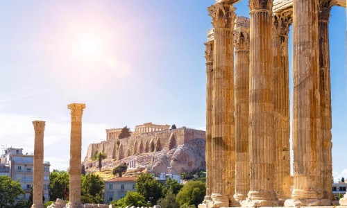 Athens view, Zeus temple overlooking Acropolis, Greece.